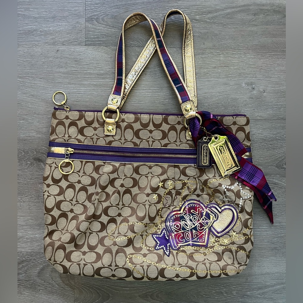 Coach Tan and Gold Signature Shoulder Bag